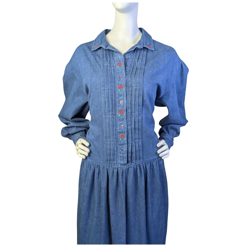 Vintage 90s Eddie Bauer Denim Prairie Dress Embroidered Florals | Fits M/L - Picture 2 of 11